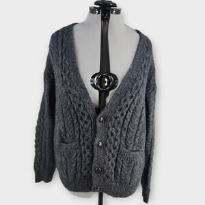 Carraig Donn Cardigan Sweater Women's L Gray Fisherman Chunky Knit Wool *Flaw